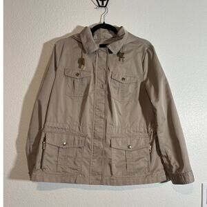 Talbots Size Lp Petite Jacket Utility Hooded Lightweight Cinch Windbreaker Beige